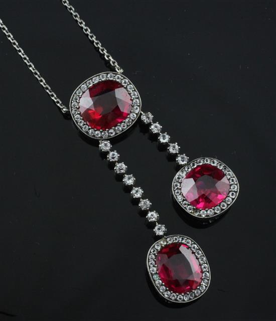 A mid 20th century white metal and synthetic ruby double drop pendant necklace, pendant 2in.